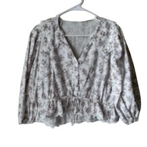 Lalavon Floral Peplum Blouse White Purple Eyelet Lace Collar Balloon Sleeve L